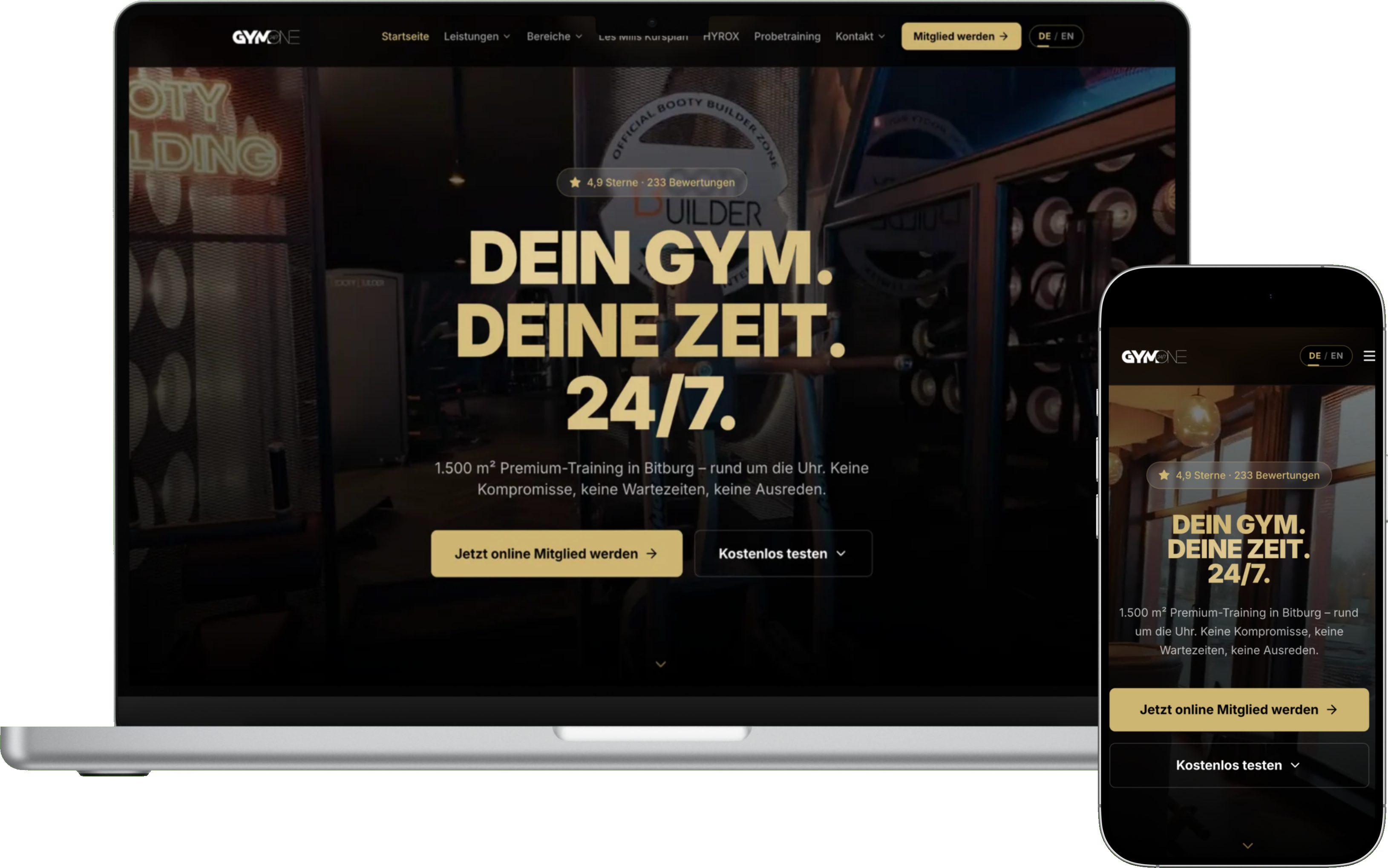 Laptop und Smartphone zeigen die Startseite von GymOne mit dem Hero 'Dein Gym. Deine Zeit. 24/7.'