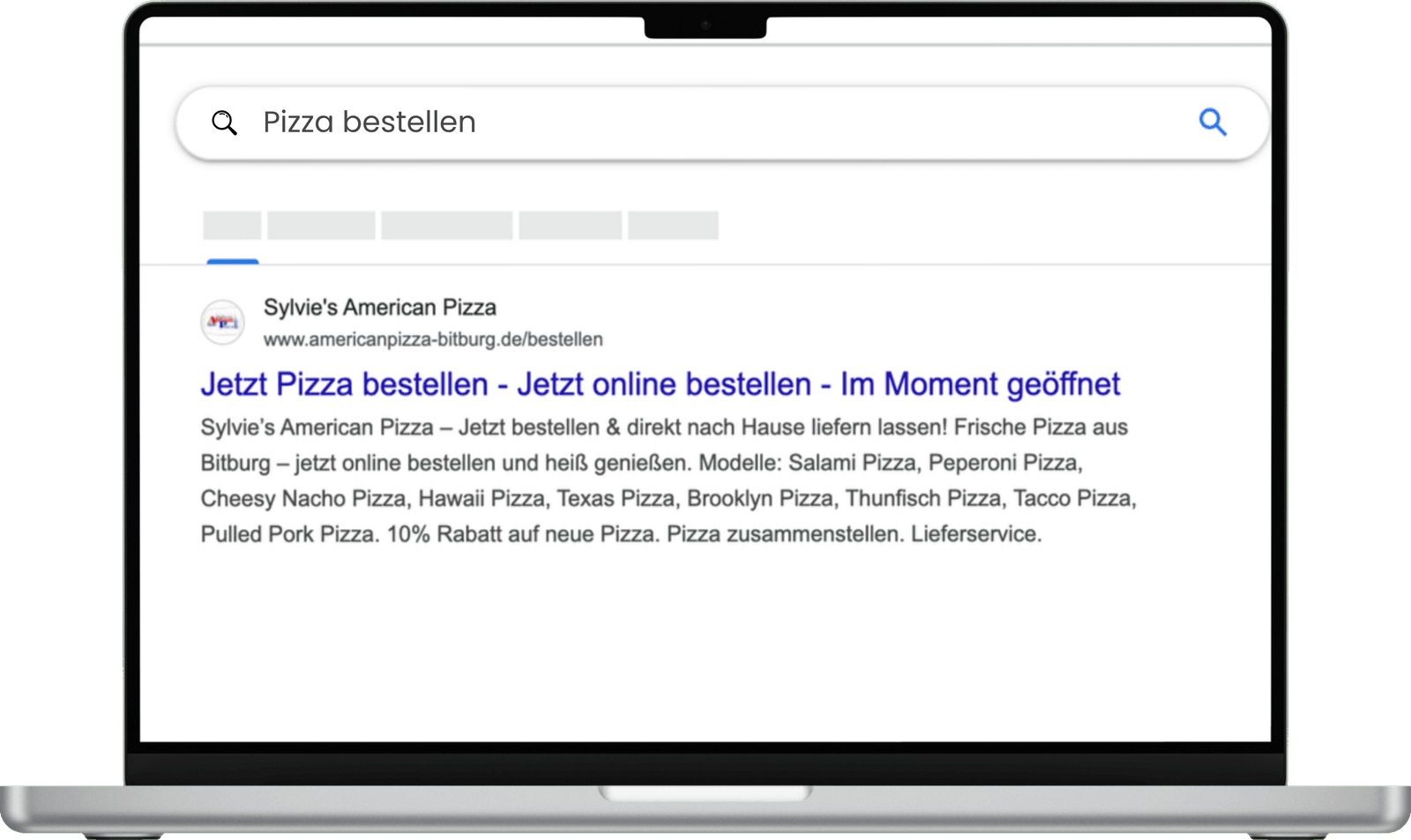 Laptop zeigt eine Google-Suche nach 'Pizza bestellen' mit dem Suchergebnis von Sylvie's American Pizza