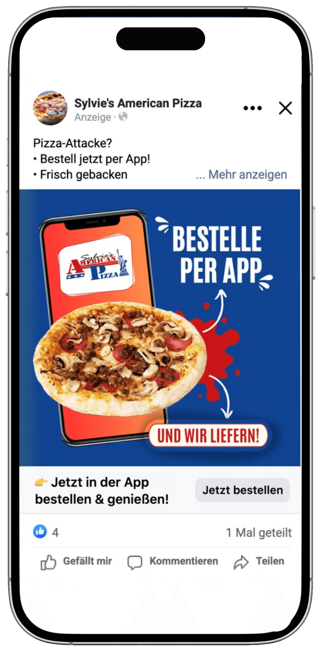 Smartphone zeigt eine Facebook-Anzeige von Sylvie's American Pizza mit dem Slogan 'Bestelle per App und wir liefern'