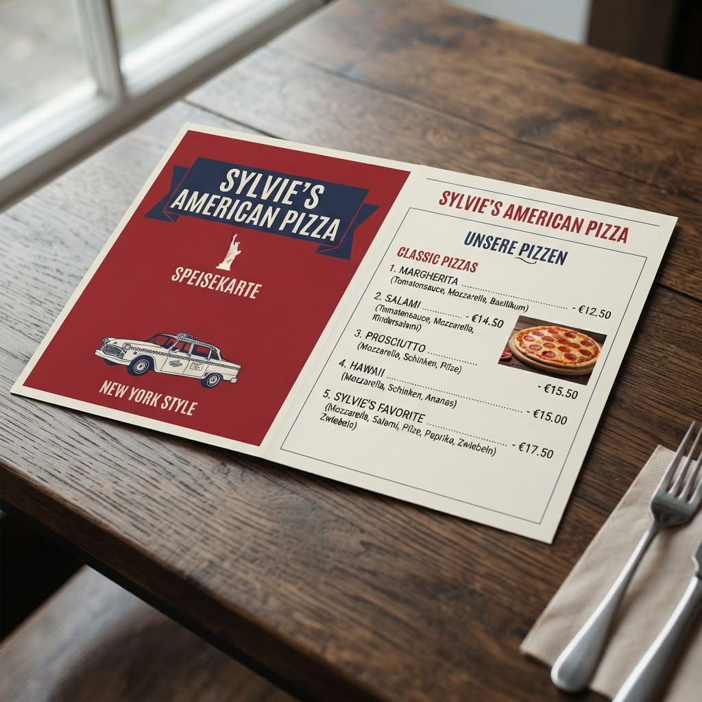 Gedruckte Speisekarte von Sylvie's American Pizza auf einem dunklen Holztisch