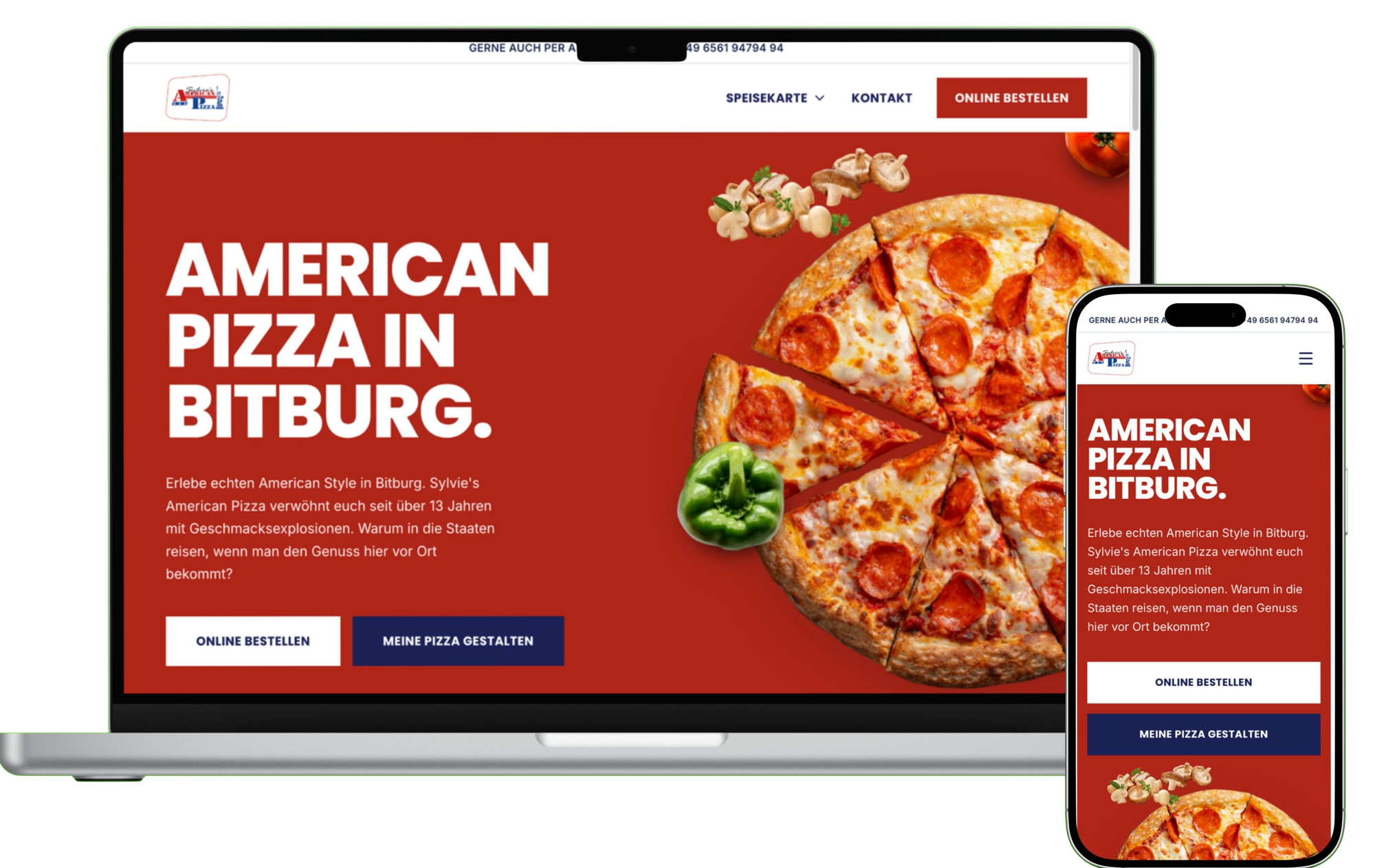 Laptop und Smartphone zeigen die Startseite von Sylvie's American Pizza mit dem Hero 'American Pizza in Bitburg'