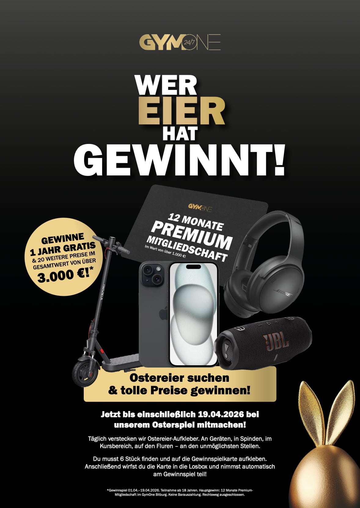 GymOne Oster-Plakat A3 „Wer Eier hat, gewinnt“ mit Gewinnübersicht
