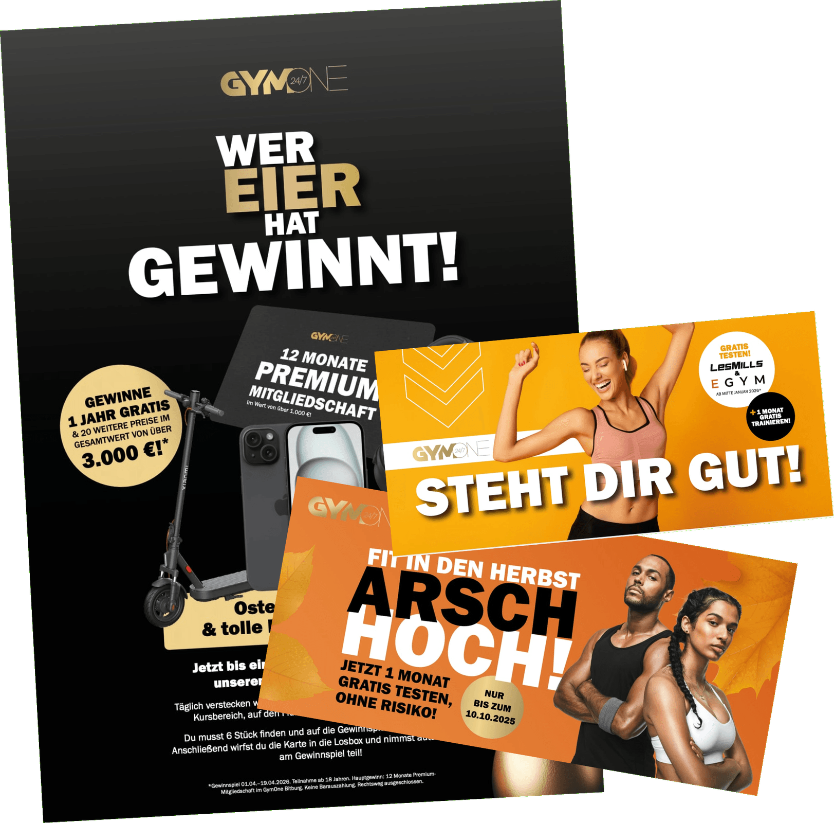 Freigestelltes GymOne Print-Mockup mit Gewinnspielkarte, Flyern und Maxicards