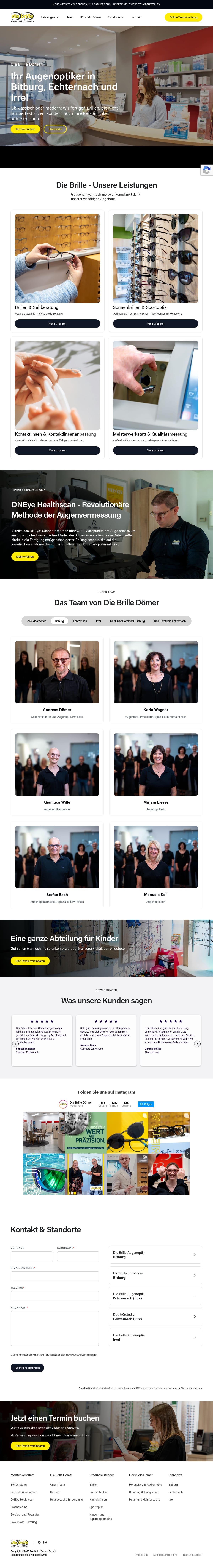 Startseite der Website von Die Brille Dömer mit Leistungen, Team und Standorten