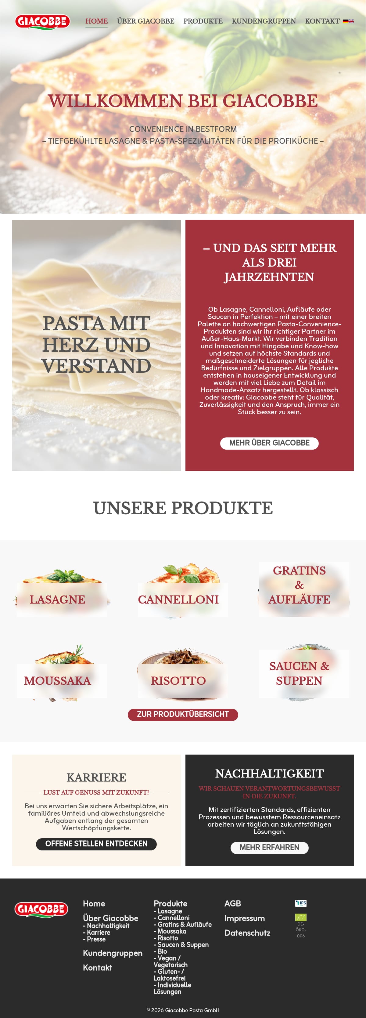 Startseite der Website von Giacobbe mit Pasta- und Convenience-Produkten